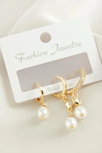 3 Adet Oval İnci Zirkon Taşlı Küpe ürün görseli