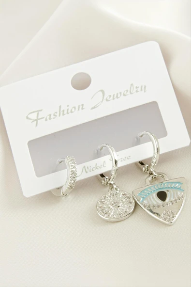 3 Adet Göz Zirkon Taşlı Küpe - Resim 2