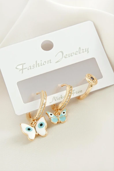 3 Adet Kelebek Zirkon Taşlı Küpe - Resim 3