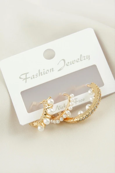 3 Adet Çivi İnci Zirkon Taşlı Küpe - Resim 2