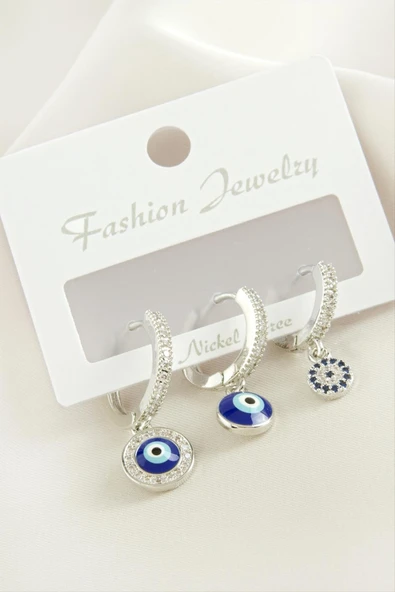 3 Adet Nazar Zirkon Taşlı Küpe - Resim 2