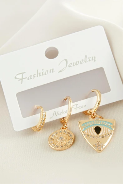 3 Adet Göz Zirkon Taşlı Küpe - Resim 3