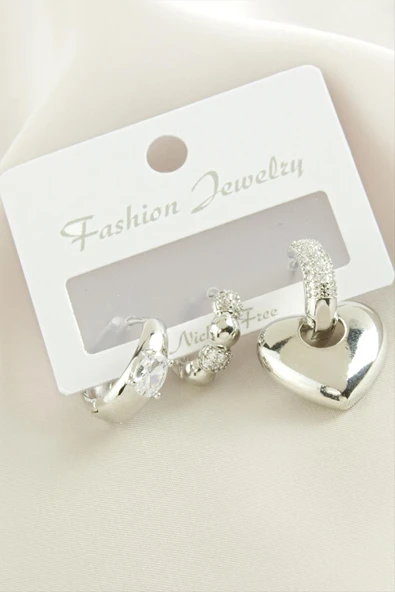 3 Adet Kalp  Zirkon Taşlı Küpe - Resim 2