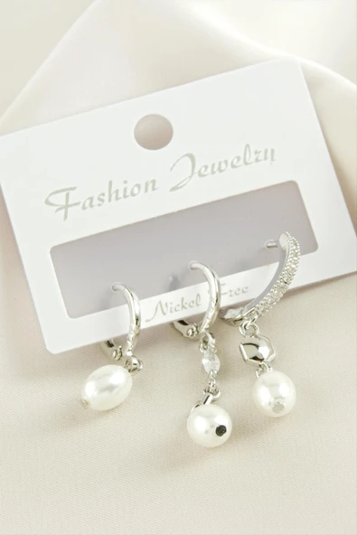 3 Adet Oval İnci Zirkon Taşlı Küpe - Resim 2