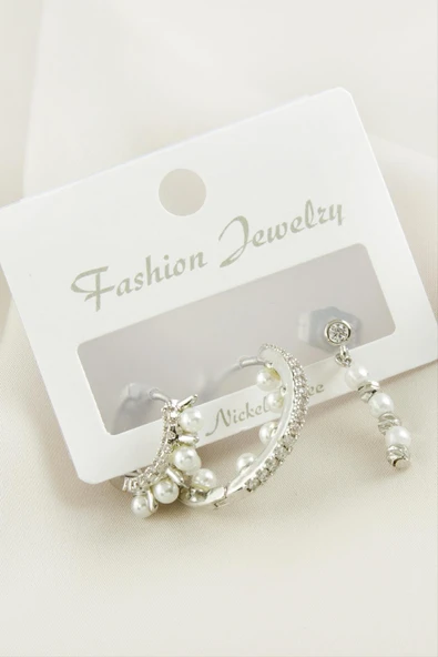 3 Adet Dorika İnci Zirkon Taşlı Küpe - Resim 2