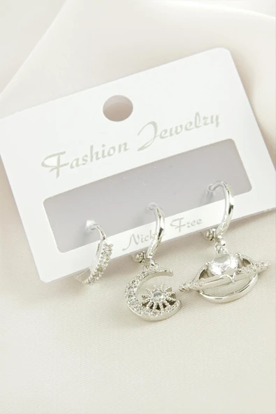 3 Adet Hilal Yıldız Zirkon Taşlı Küpe - Resim 2