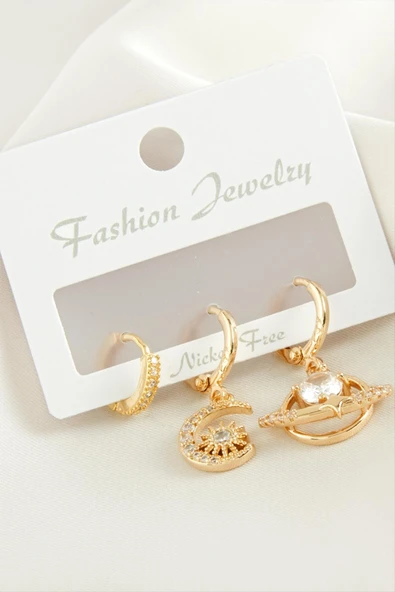 3 Adet Hilal Yıldız Zirkon Taşlı Küpe ürün görseli