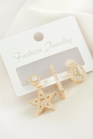 3 Adet Yıldız Zirkon Taşlı Küpe ürün görseli 1