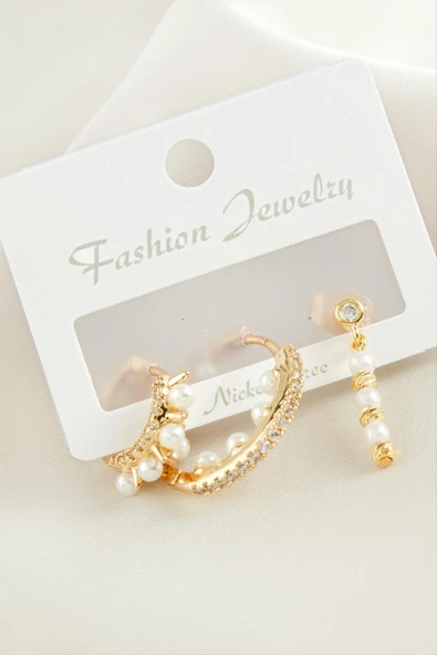 3 Adet Dorika İnci Zirkon Taşlı Küpe ürün görseli 1