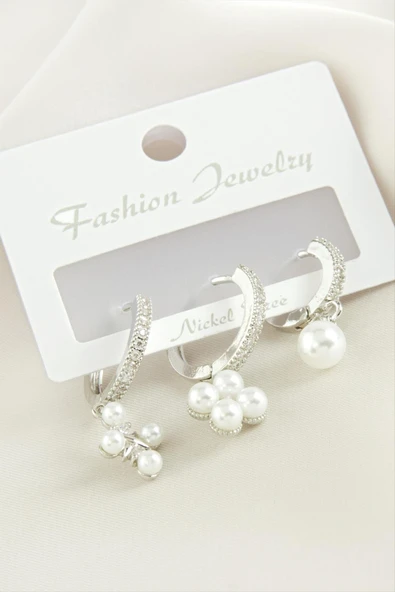 3 Adet Çiçek İnci Zirkon Taşlı Küpe - Resim 3