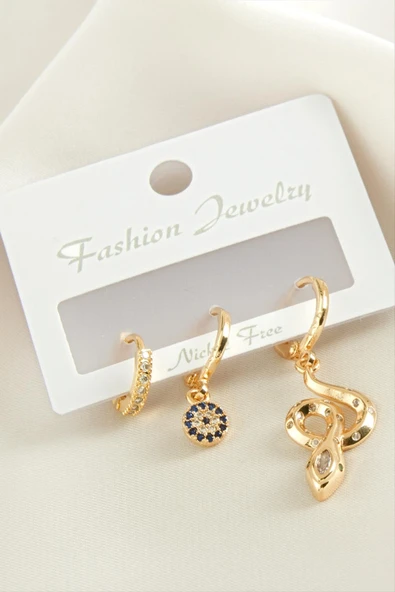 3 Adet Yılan Zirkon Taşlı Küpe - Resim 3