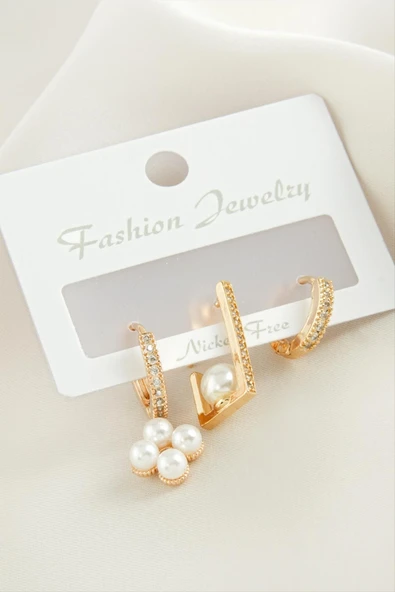 3 Adet Çiçek İnci Zirkon Taşlı Küpe - Resim 2