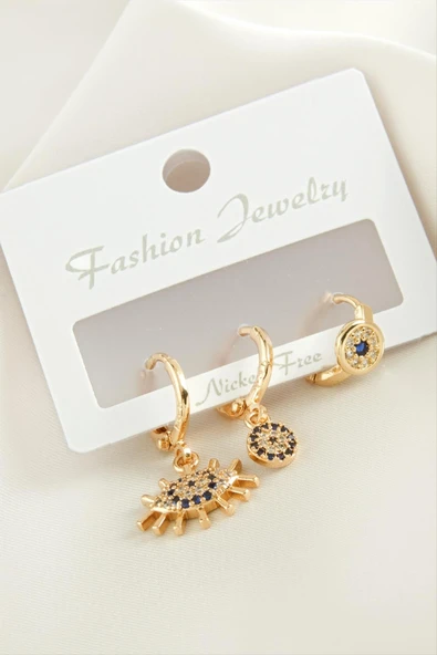 3 Adet Göz Nazar Zirkon Taşlı Küpe - Resim 3