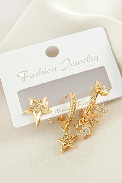 3 Adet Yıldız Zirkon Taşlı Küpe - Resim 2