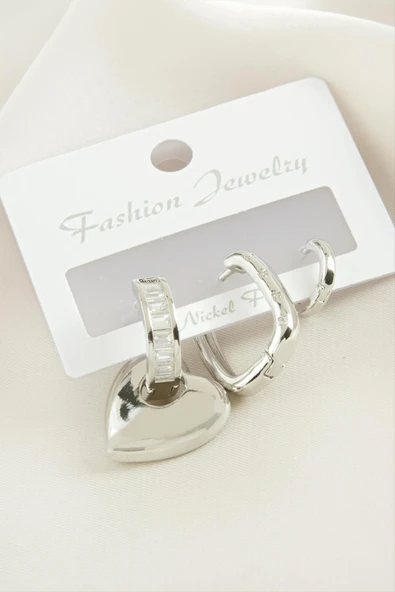 3 Adet Kalp Zirkon Taşlı Küpe - Resim 2