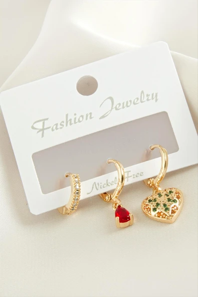 3 Adet Kalp Zirkon Taşlı Küpe - Resim 3