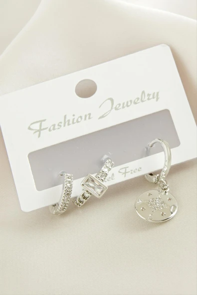 3 Adet Çiçek Zirkon Taşlı Küpe - Resim 2