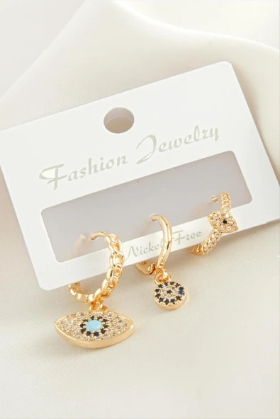 3 Adet Oval Nazar Zirkon Taşlı Küpe - Resim 2