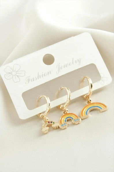 3 Adet Gökkuşağı Zirkon Taşlı Küpe - Resim 2