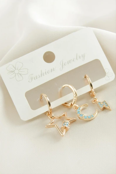 3 Adet Hilal Yıldız Zirkon Taşlı Küpe ürün görseli