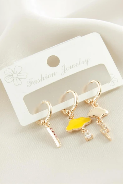 3 Adet Bulut Şimşek Zirkon Taşlı Küpe - Resim 2