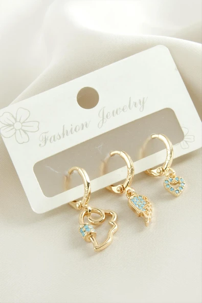 3 Adet Kanat Zirkon Taşlı Küpe - Resim 2