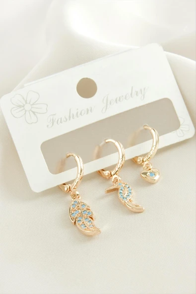 3 Adet Yaprak Zirkon Taşlı Küpe ürün görseli