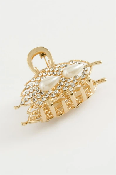 Yaprak İnci Taşlı Metal Mandal Toka 4,5 cm - Resim 3