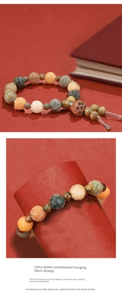 Dunhuang Yeşil Balkabağı Bilezik - Jade ve Sandal Ağacı Boncuklu - 14-16cm - 11