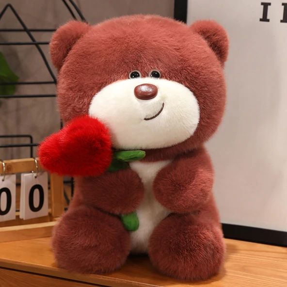Sevimli Gül Kalp Ayıcık Peluş Bebek - Deri Kırmızı - 45cm