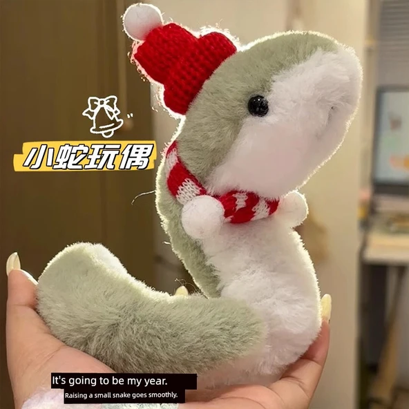 Sevimli Simüle Yeşil Yılan Peluş Oyuncak - 2'li Paket (küçük yeşil yılan + kırmızı ve beyaz Noel şapkası + atkı)