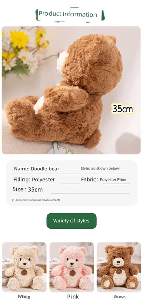 Doodle Ayıcık Peluş - Süt Beyazı Pembe Önlük ile 35cm - 9