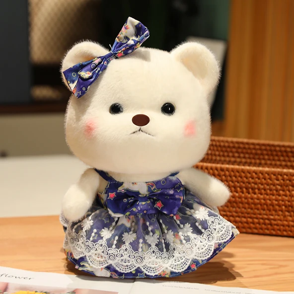 30cm Giydirilmiş Ayı Peluş Oyuncak - Mavi Yıldız Ay Eteği - Hediye Kutulu