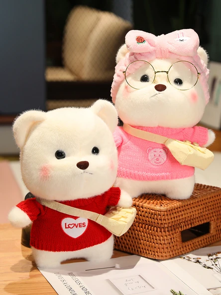 30cm Giydirilmiş Ayı Peluş Oyuncak - Beyaz İplik Yeşil Çiçek Elbisesi - Hediye Kutulu - 3