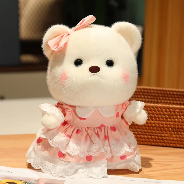 30cm Giydirilmiş Ayı Peluş Oyuncak - Pembe Aşk Elbisesi - Hediye Kutulu