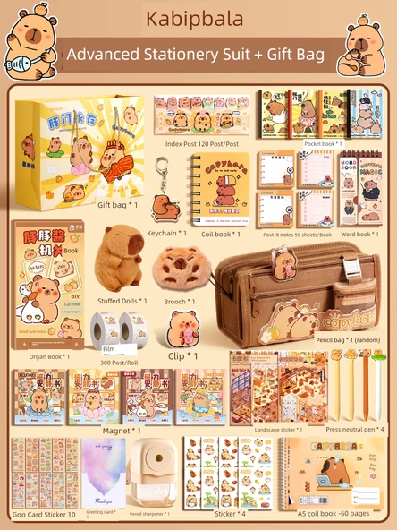 Kapi Barra Peluş Bebek Kırtasiye Hediye Seti - Gelişmiş Kırtasiye Takımı + Hediye Çantası (Kappi Bala Kalem Çantası + Kappi Bala Bebek)