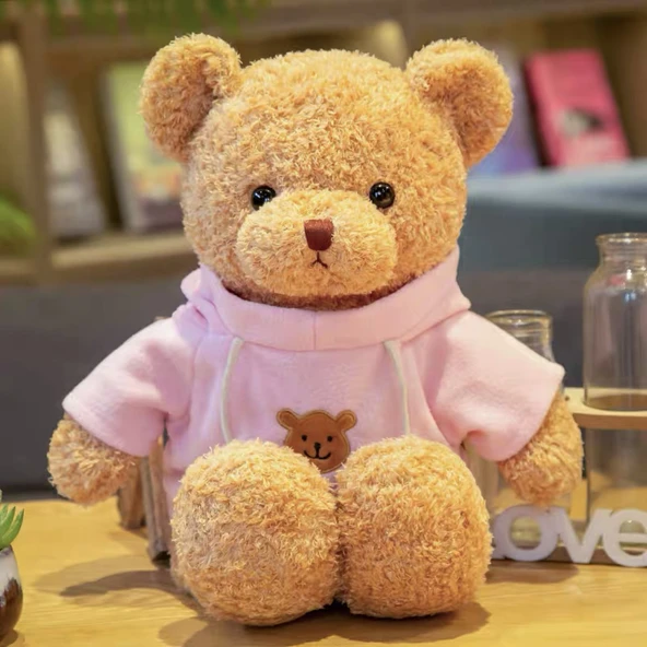 Sevimli Ayı Peluş Bebek - Dönme Çiçek Kadife Kar Beyazı Bayraklı 40cm - 4