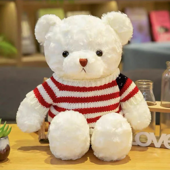 Sevimli Ayı Peluş Bebek - Dönme Çiçek Kadife Kar Beyazı Bayraklı 30cm