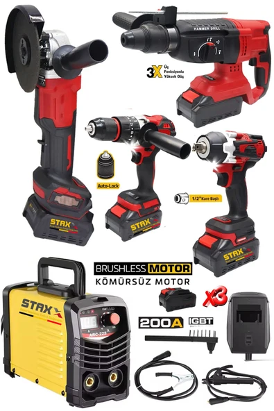 Süper Seri 5'li 200A Kaynak Makinesi + 3Akülü Şarjlı Somun Sıkma Taşlama Kırıcı Delici Matkap Seti - 2
