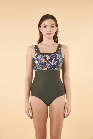 Estiva Göğüs Kaplı Kare Yaka Kalın Askılı Baskılı Mayo - 3