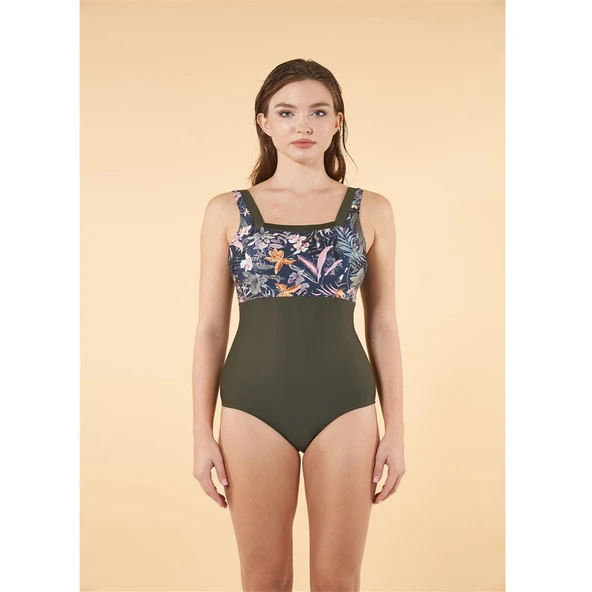 Estiva Göğüs Kaplı Kare Yaka Kalın Askılı Baskılı Mayo