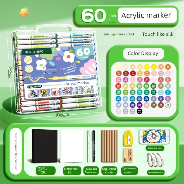 Akrilik Marker Kalem Seti - Doğrudan Sıvı - 60 Renk Takımı - 53 Parça Set