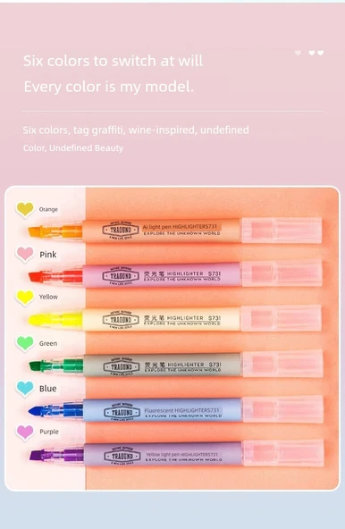 Fluoresan Marker Seti - Sarı 2, Pudra 2, Mor 2 (6 Paket) - 10