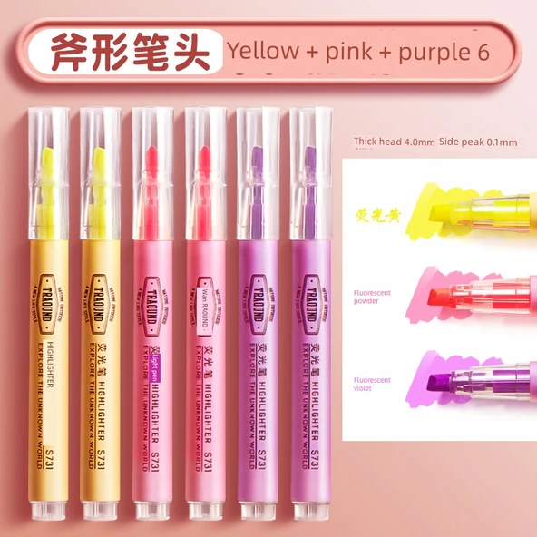 Fluoresan Marker Seti - Sarı 2, Pudra 2, Mor 2 (6 Paket)
