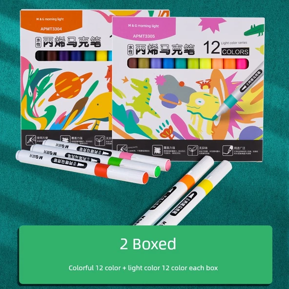 Akrilik Marker Kalem Seti - Su Bazlı - Parlak Renk 12 + Açık Renk 12