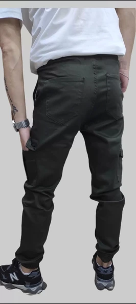 Erkek Jogger Beli ve Paçası Lastikli Keten Haki Kargo Pantolon - 5