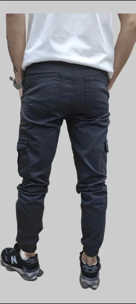 Erkek Jogger Beli ve Paçası Lastikli Keten Antrasit Kargo Pantolon - 9