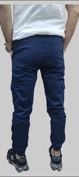 Erkek Jogger Beli ve Paçası Lastikli Keten İndigo Kargo Pantolon - 9