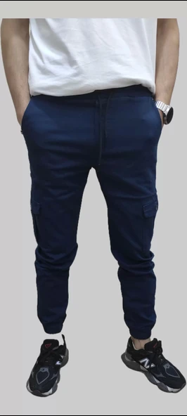 Erkek Jogger Beli ve Paçası Lastikli Keten İndigo Kargo Pantolon