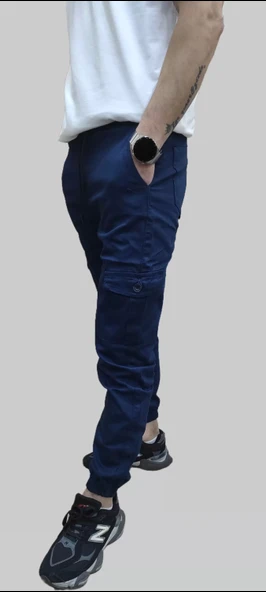 Erkek Jogger Beli ve Paçası Lastikli Keten İndigo Kargo Pantolon - 4